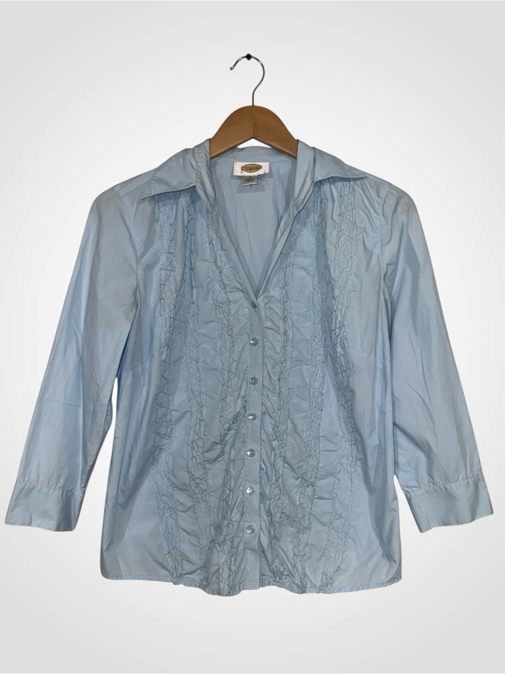 WSH26 {Talbots} Blue Seersucker Textured Front Long Sleeve Button Down Blouse